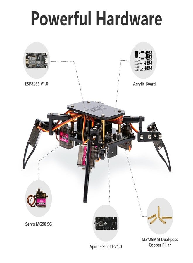 ايسبوت مجموعة أدوات ACEBOTT STEM للروبوتات العلمية للكبار، طقم بناء روبوت العنكبوت ESP8266، تحكم عن بعد عبر تطبيق، لعبة تعليمية ممتعة للمشي والزحف للأولاد والبنات والمراهقين والبالغين من عمر 12 عامًا فما فوق، هدايا مميزة - Image 5